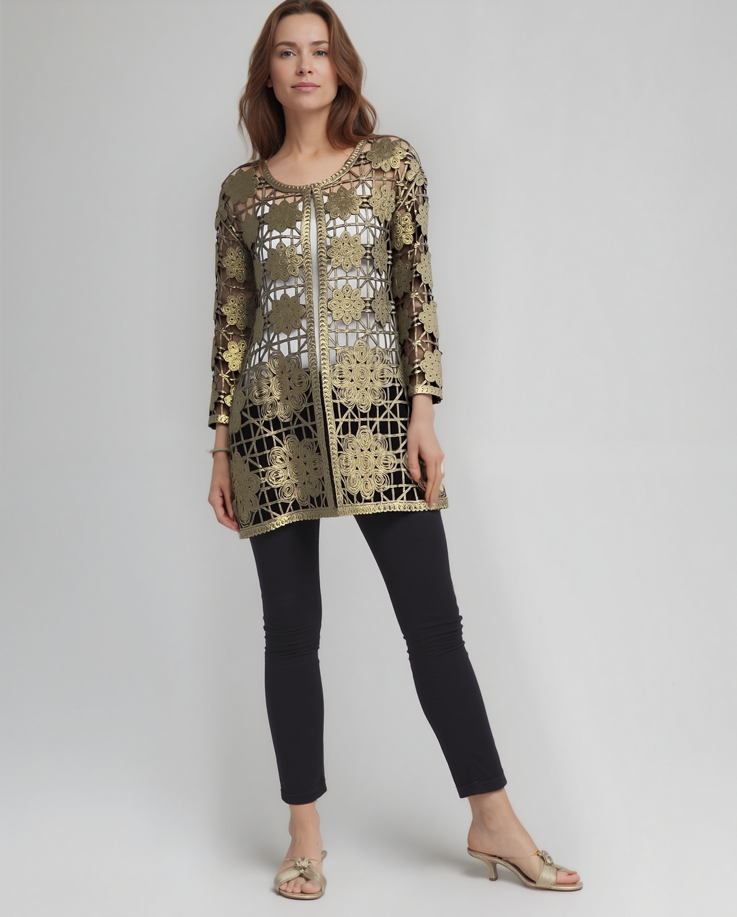 Soutache Long Coverup with Gold foil print (Gold/Army Green)