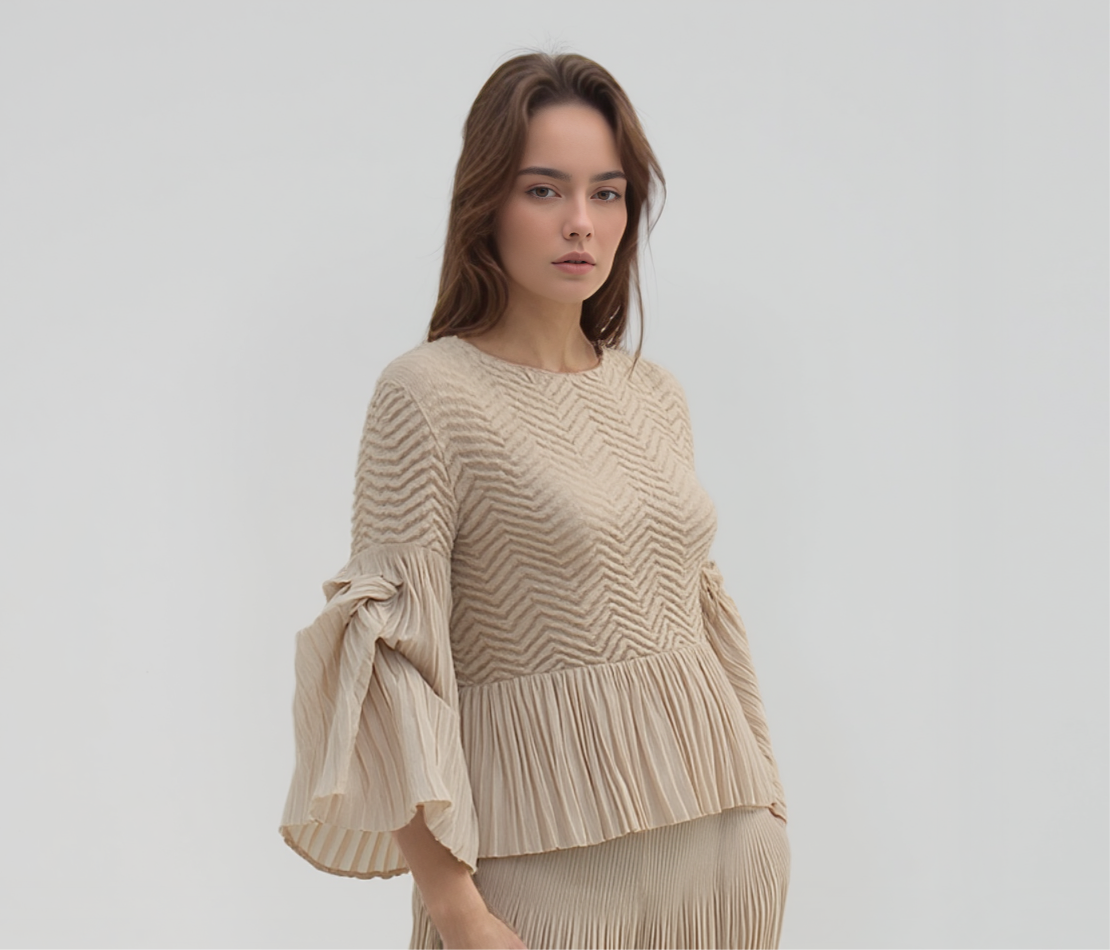 Pleated blouse top with flared sleeves & sweep (Apricot)