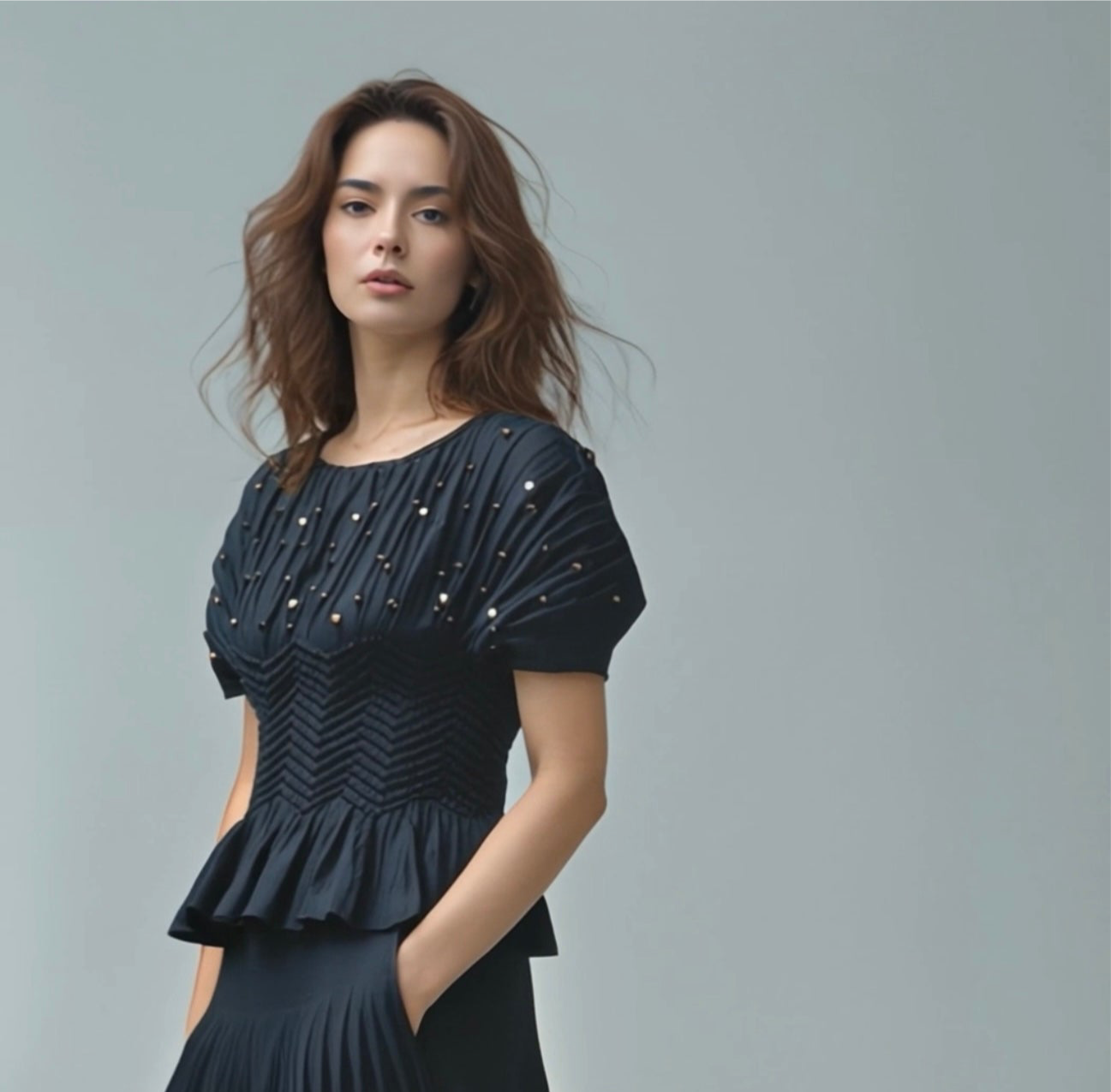 Pleated blouse top with pearls & Diamonds (Black)