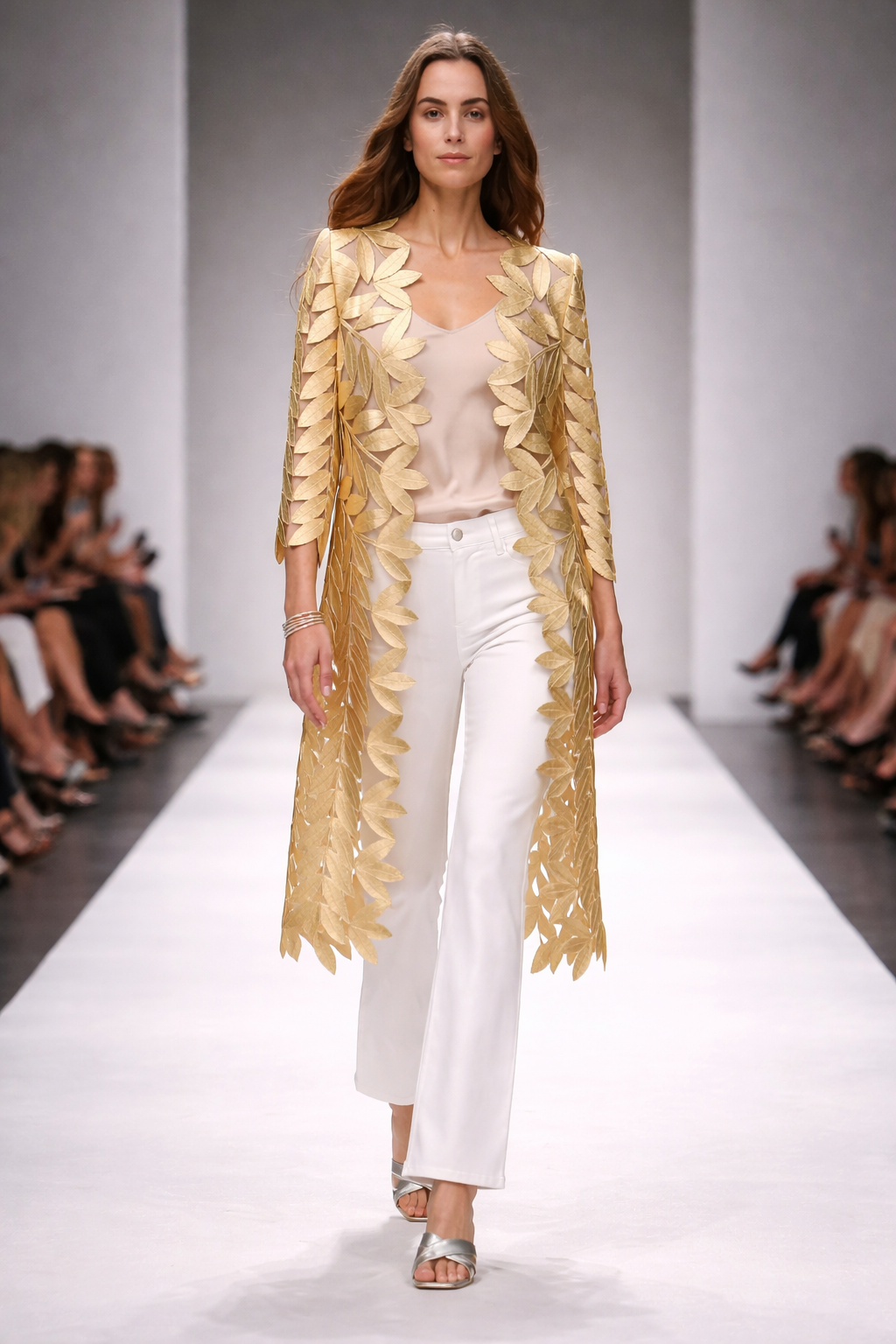 Faux Leather leaves long Jacket with 3/4 sleeves (Gold)