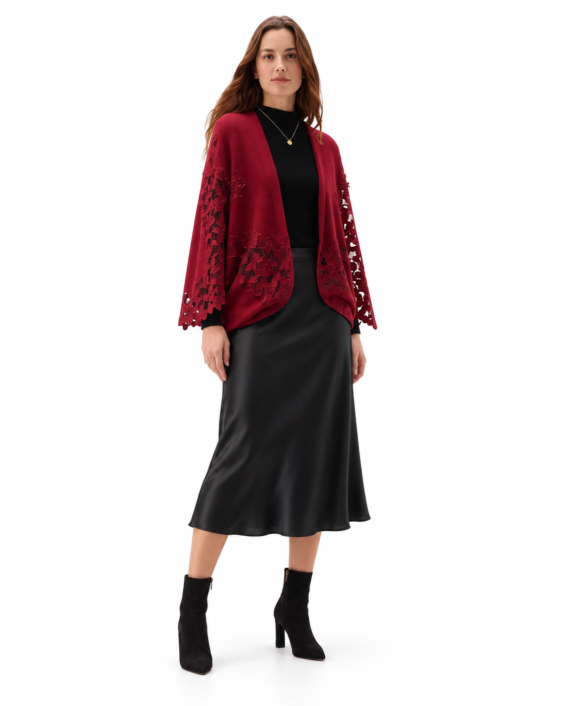 Floral Lace Insert Shimmer Knit Kimono - Black