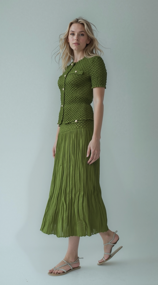 Pleated Chanel look mock pockets skirt (Green)