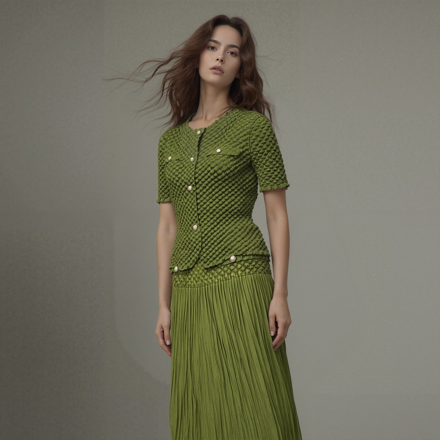Pleated Chanel look mock jacket top with buttons ( Green)
