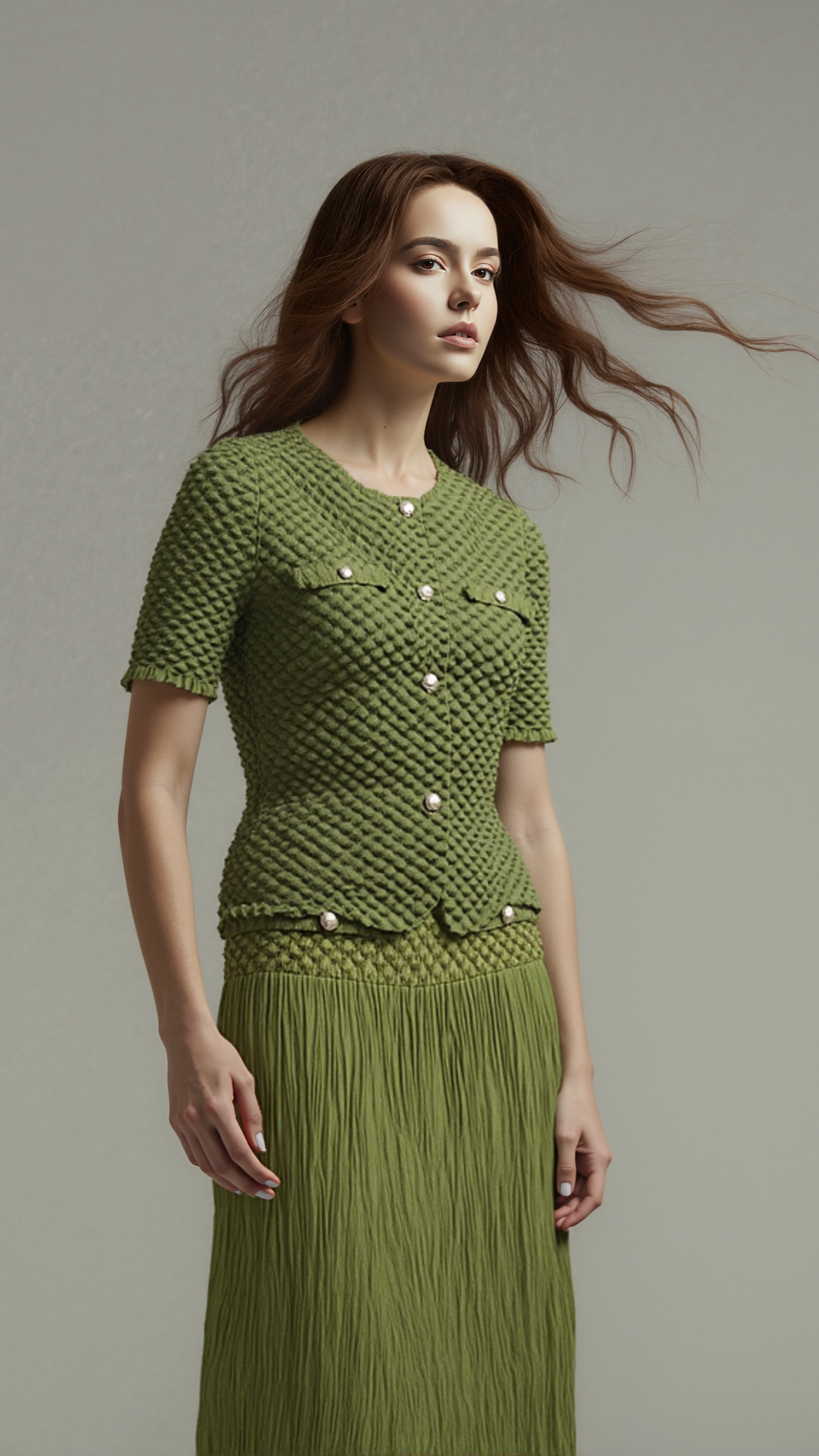 Pleated Chanel look mock jacket top with buttons ( Green)