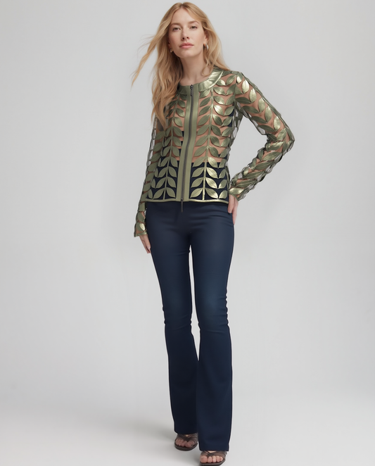 Faux Leather leaves jacket (New color ) Antique Olive