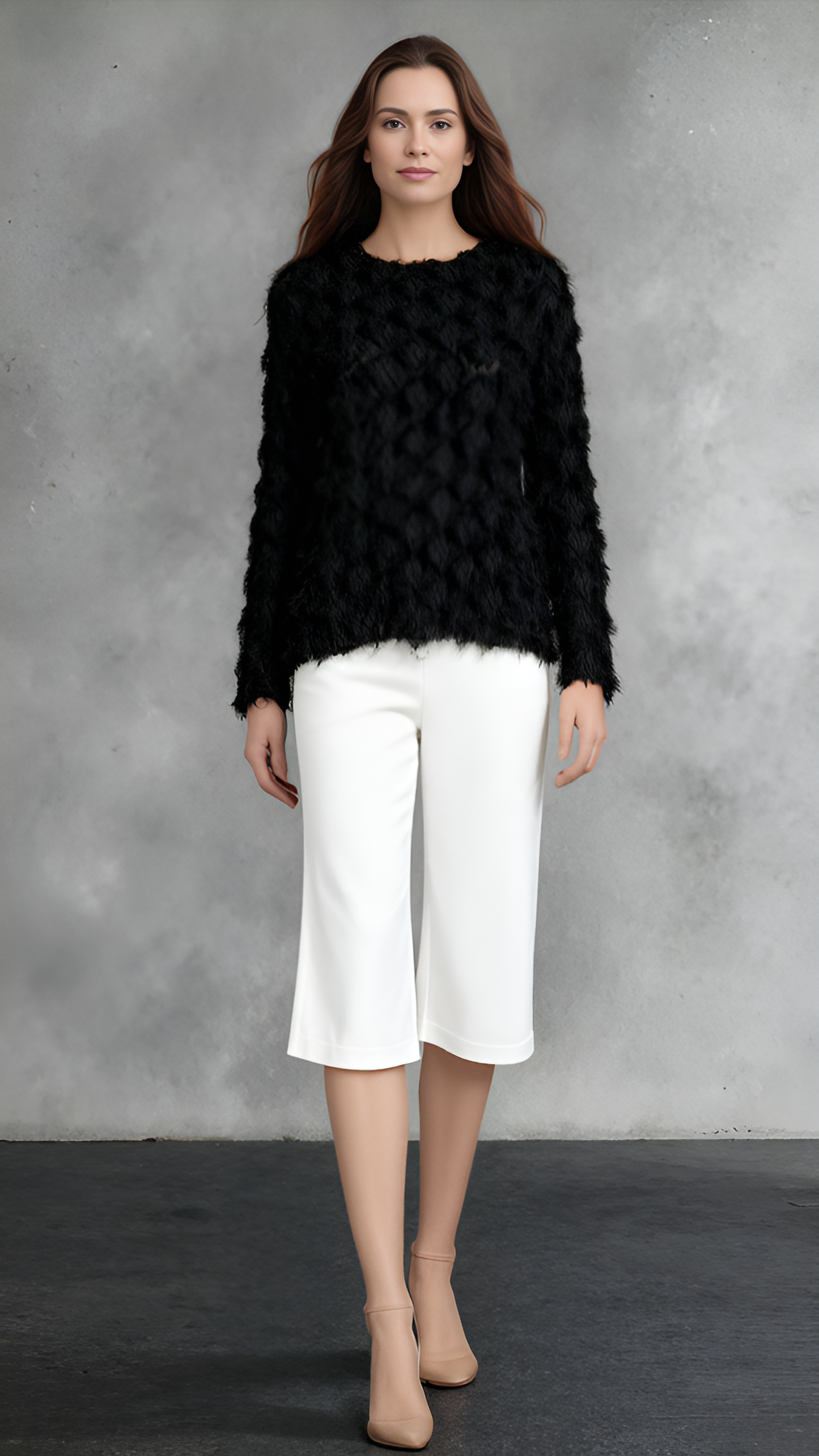 Pleating Long Sleeves Top- Cozy Fluffy (Black)