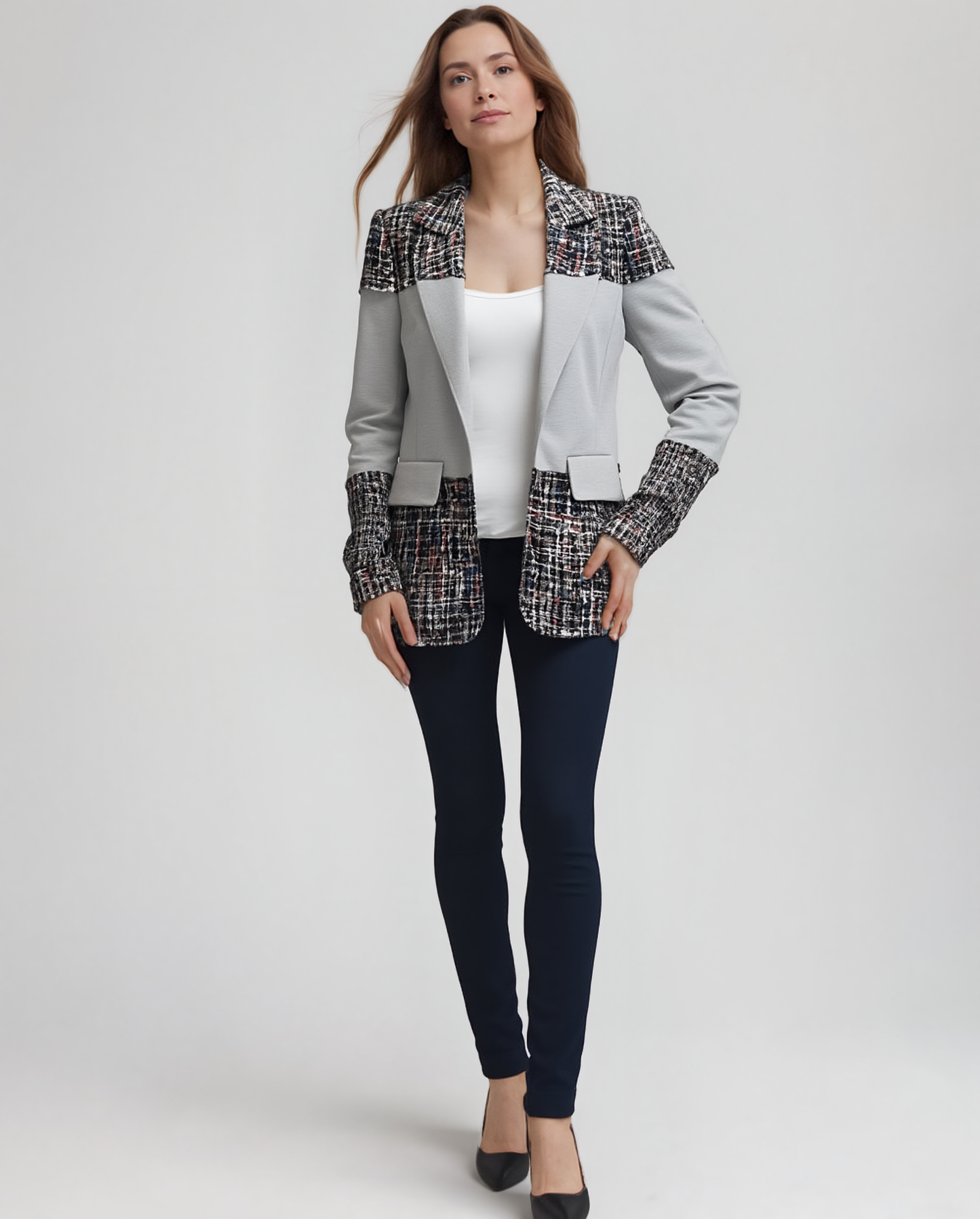 Blazer Tweed Ponte Sandwich Jacket (Grey)