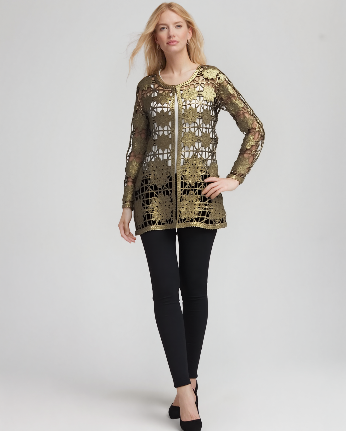 Soutache Long Coverup with Gold foil print (Gold/Army Green)