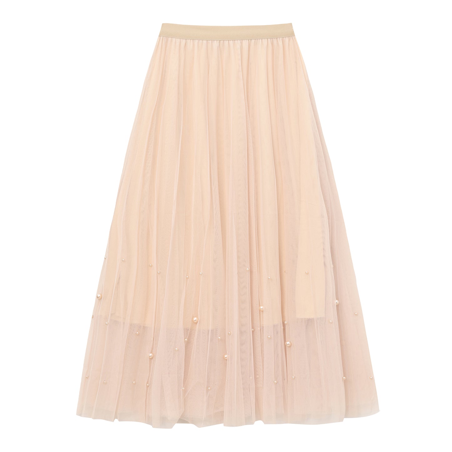 Fairy pleating mesh Skirt with vary size Pearls at hem (Oatmeal)