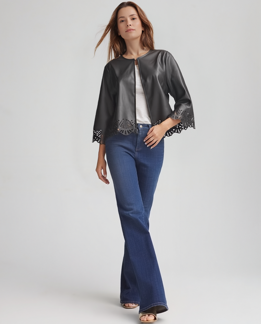 Faux Leather Laser cut short jacket (Black)