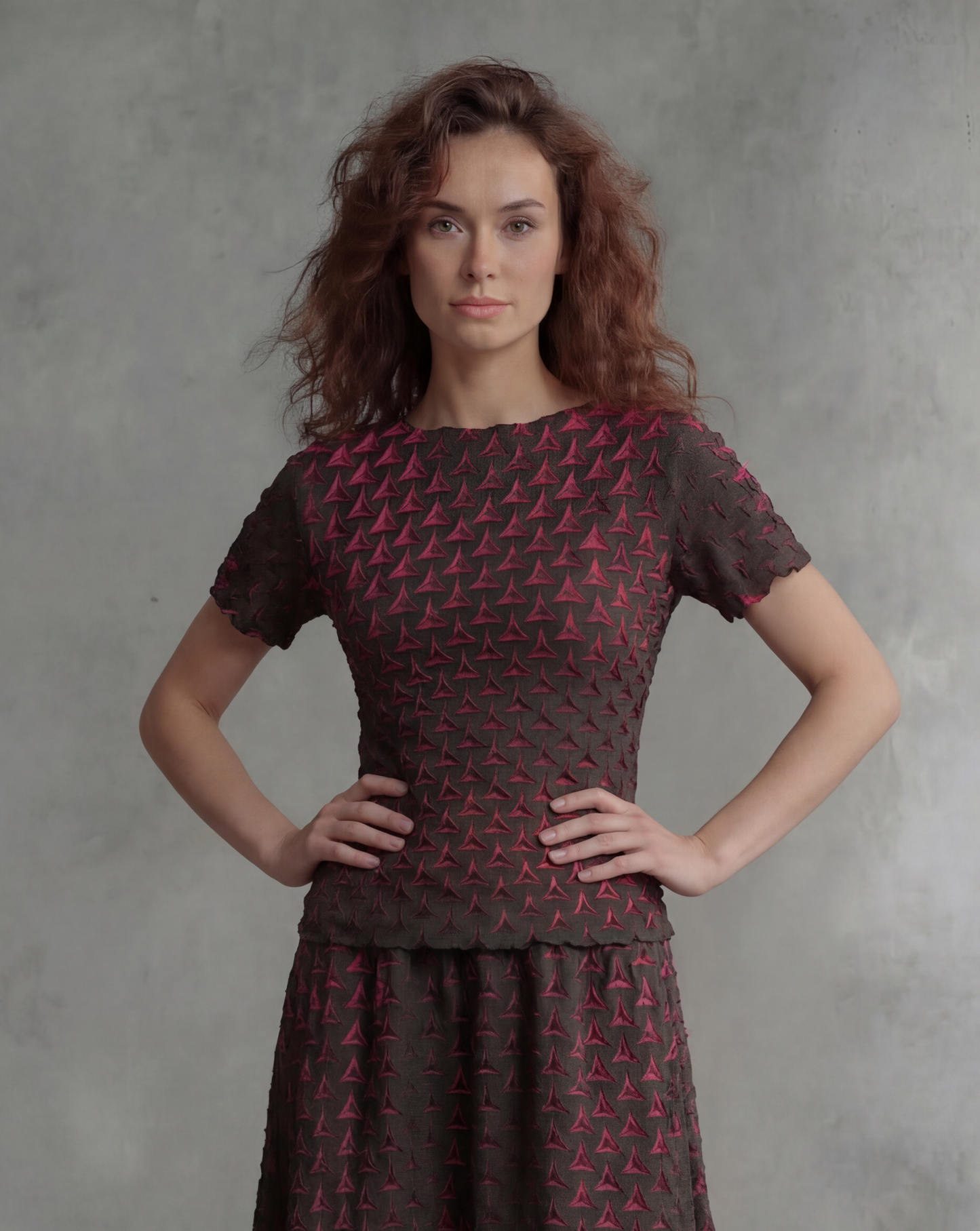 Pleating Short Sleeves Top- Shadow Tri (Red)