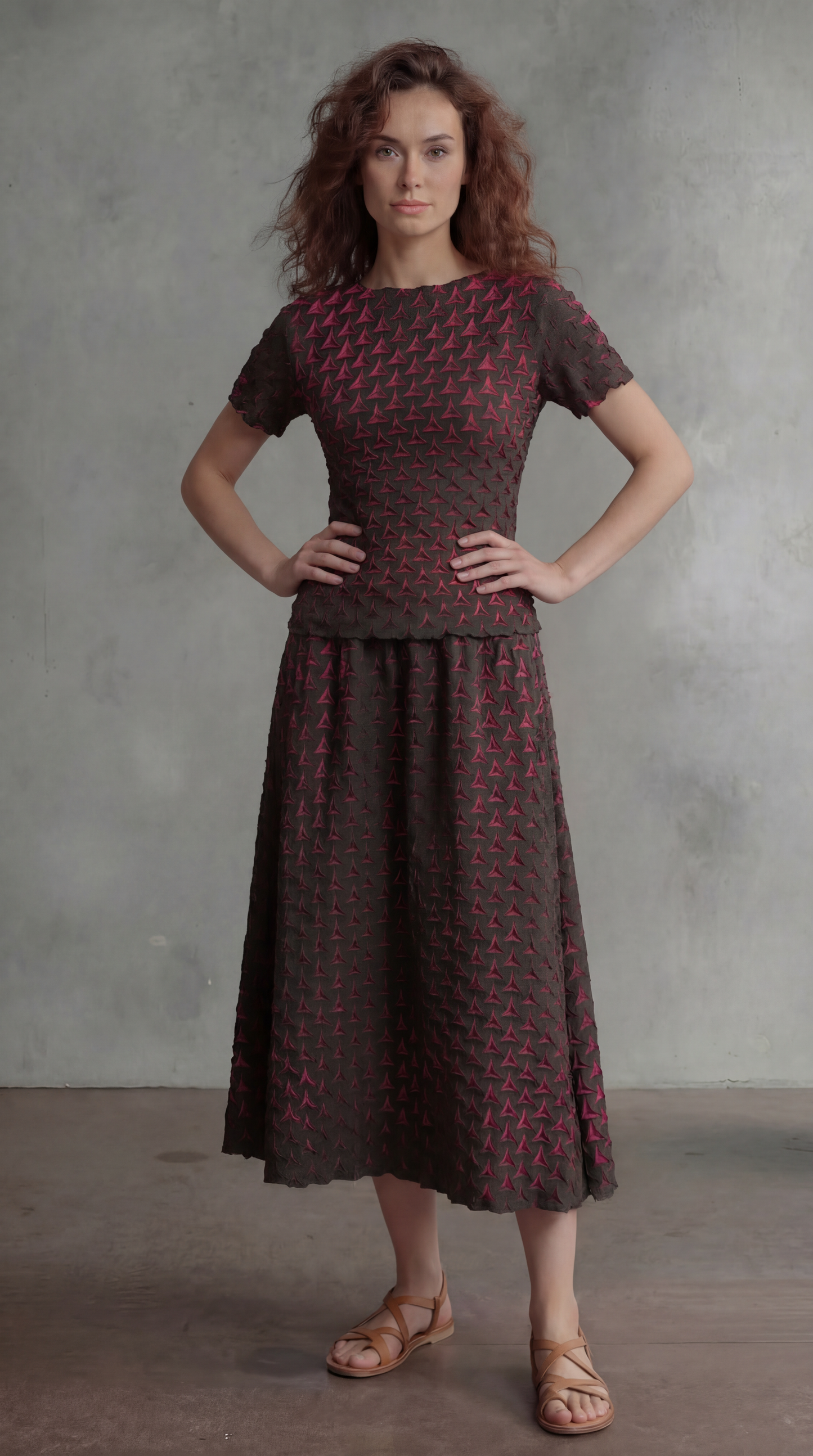 Pleating Midi Skirt- Shadow Tri (Red)