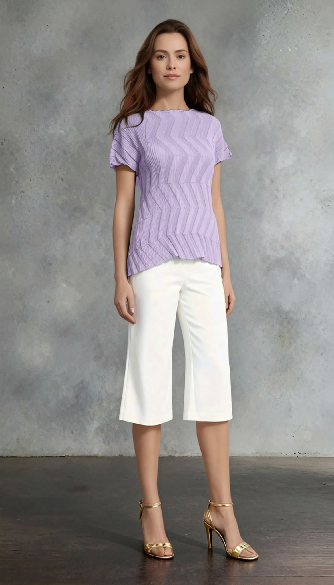 Pleating Short Sleeves Top- Chevron Ripple - Lilac