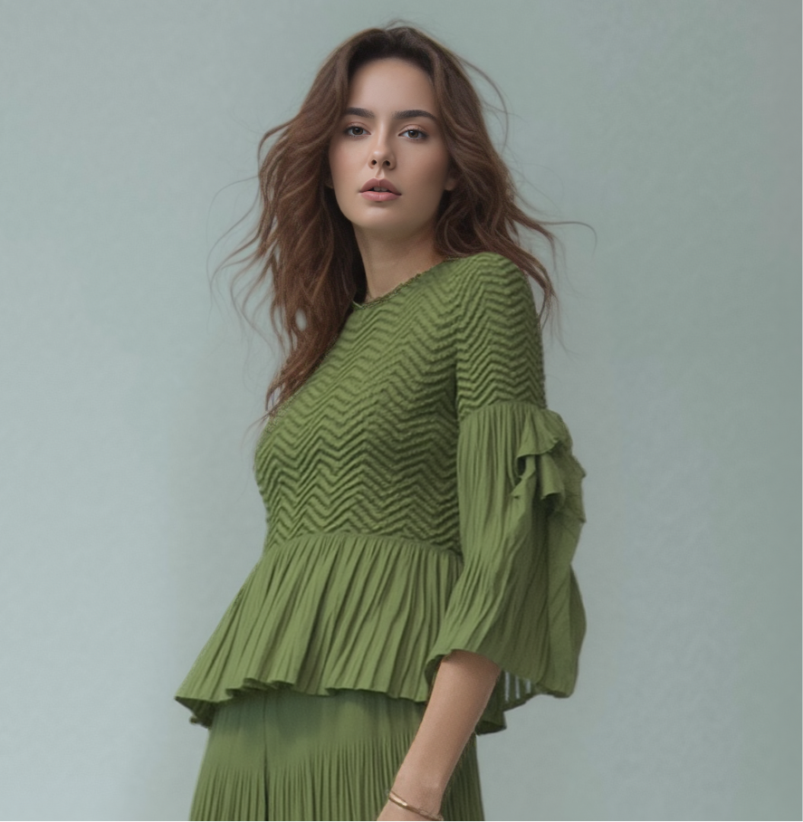 Pleated blouse top with flared sleeves & sweep (Green)