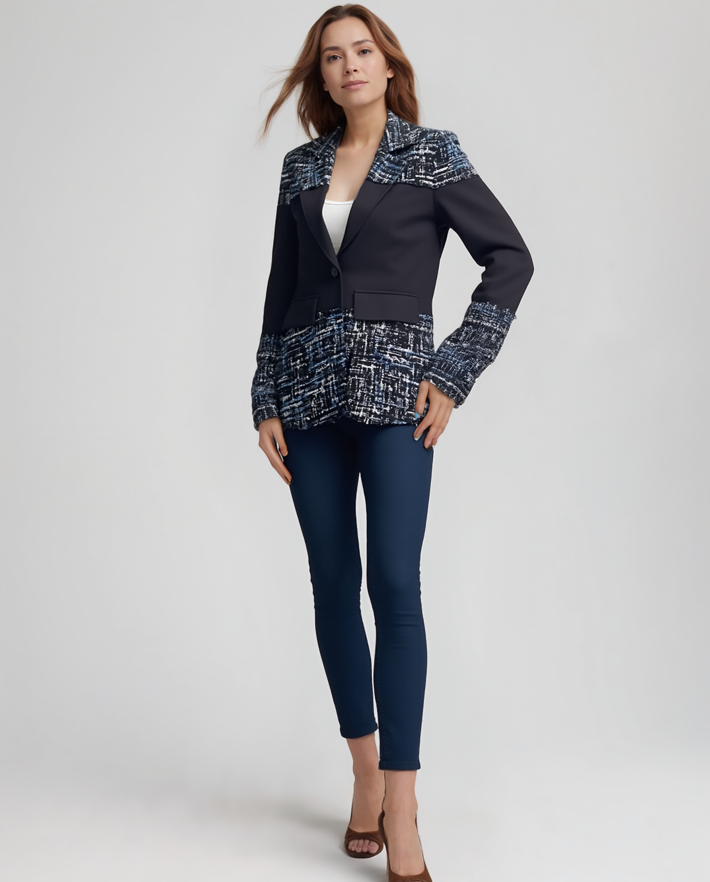 Blazer Tweed Ponte Sandwich Jacket (Black)