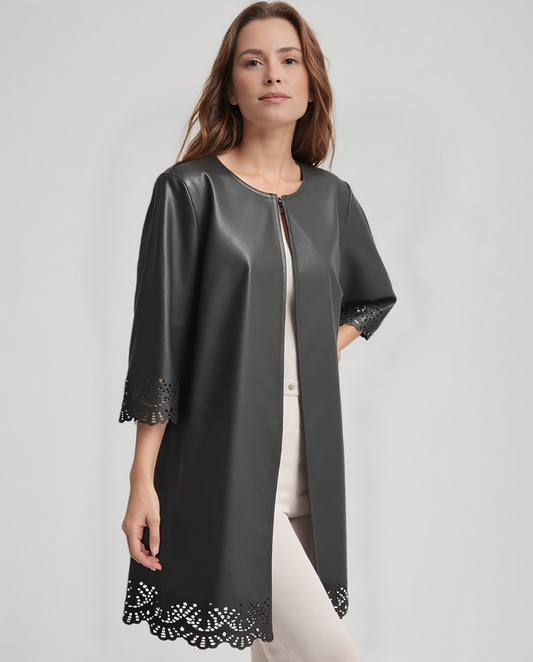 Faux Leather Laser cut Long jacket (Black)