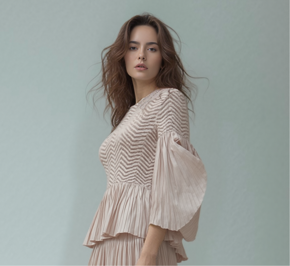 Pleated blouse top with flared sleeves & sweep (Pink)