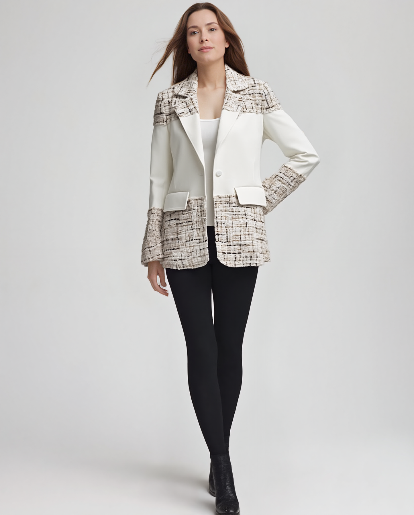 Blazer Tweed Ponte Sandwich Jacket (Cream)
