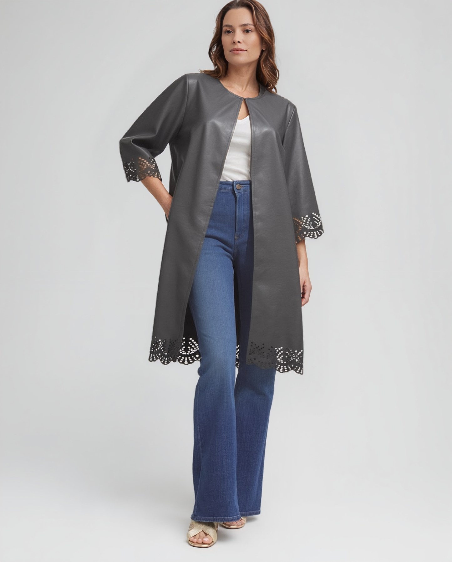 Faux Leather Laser cut Long jacket (Black)