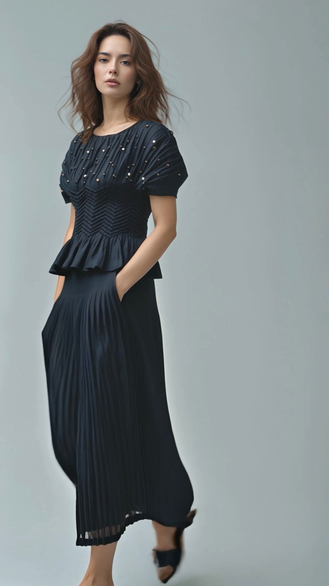 Pleated blouse top with pearls & Diamonds (Black)