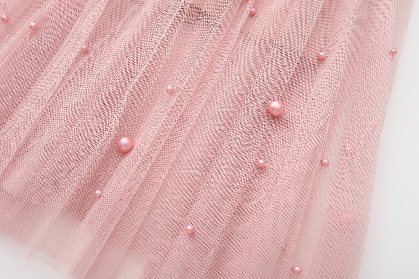 Fairy pleating mesh Skirt with vary size Pearls at hem (Pink)