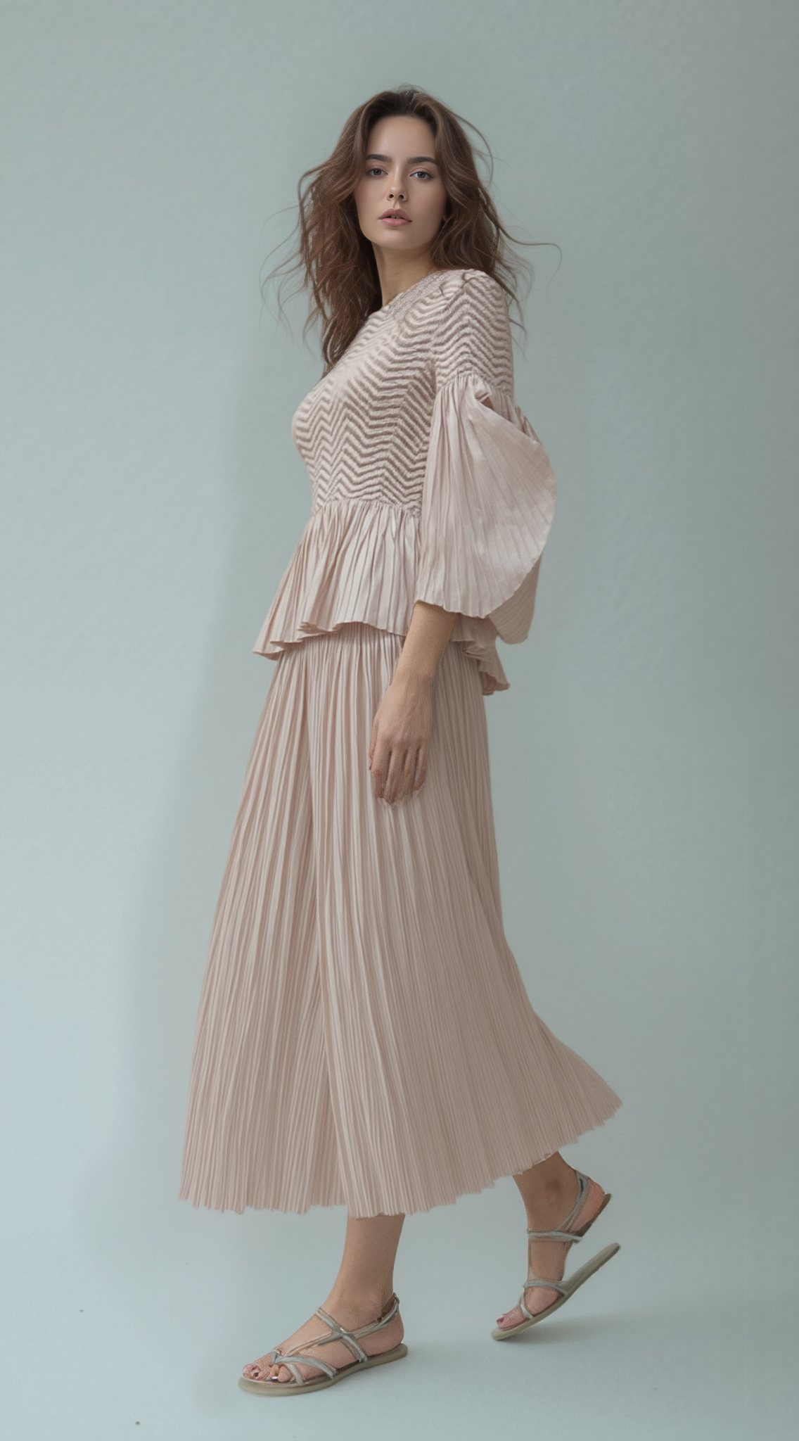 Pleated blouse top with flared sleeves & sweep (Pink)
