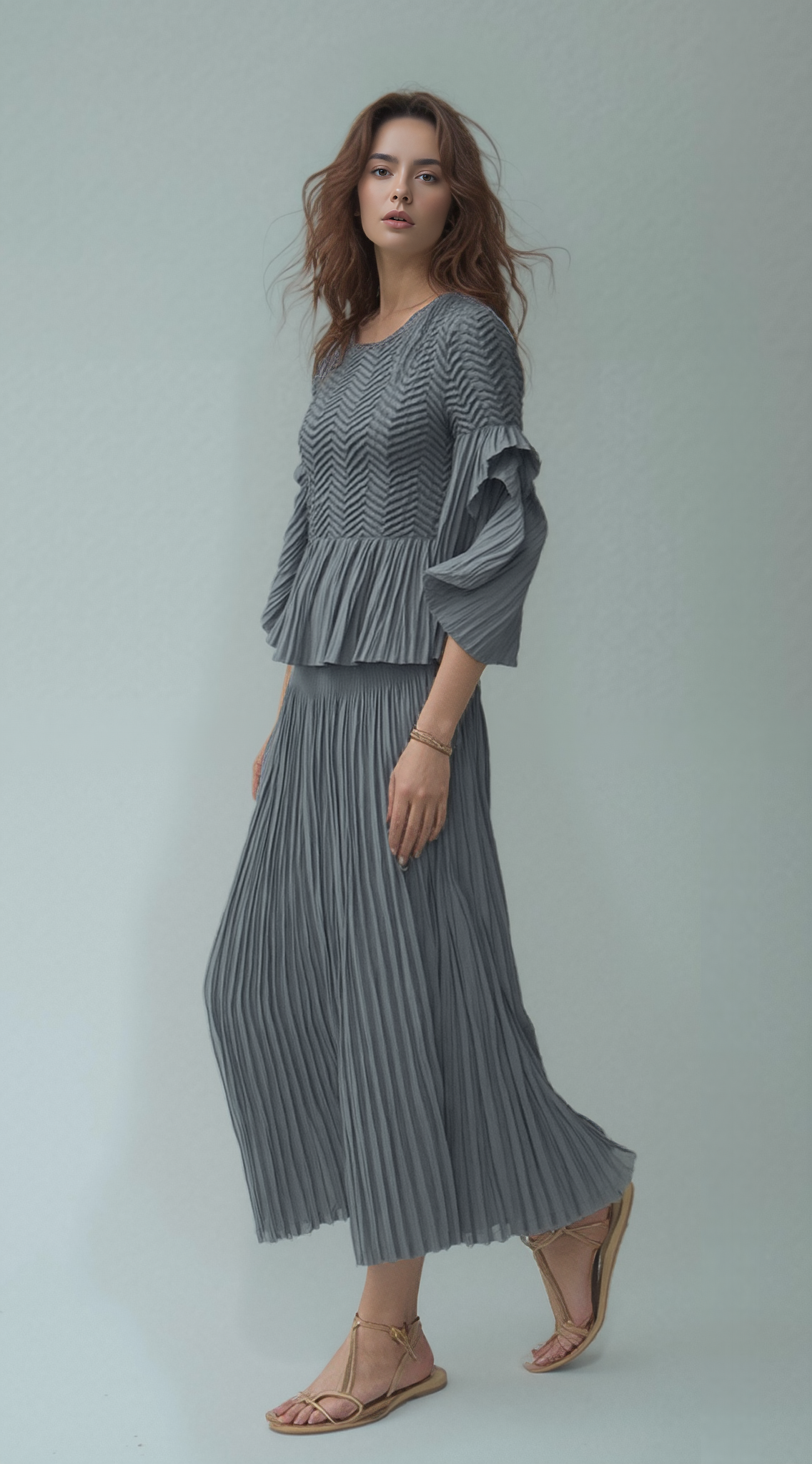 Pleated blouse top with flared sleeves & sweep (Grey)