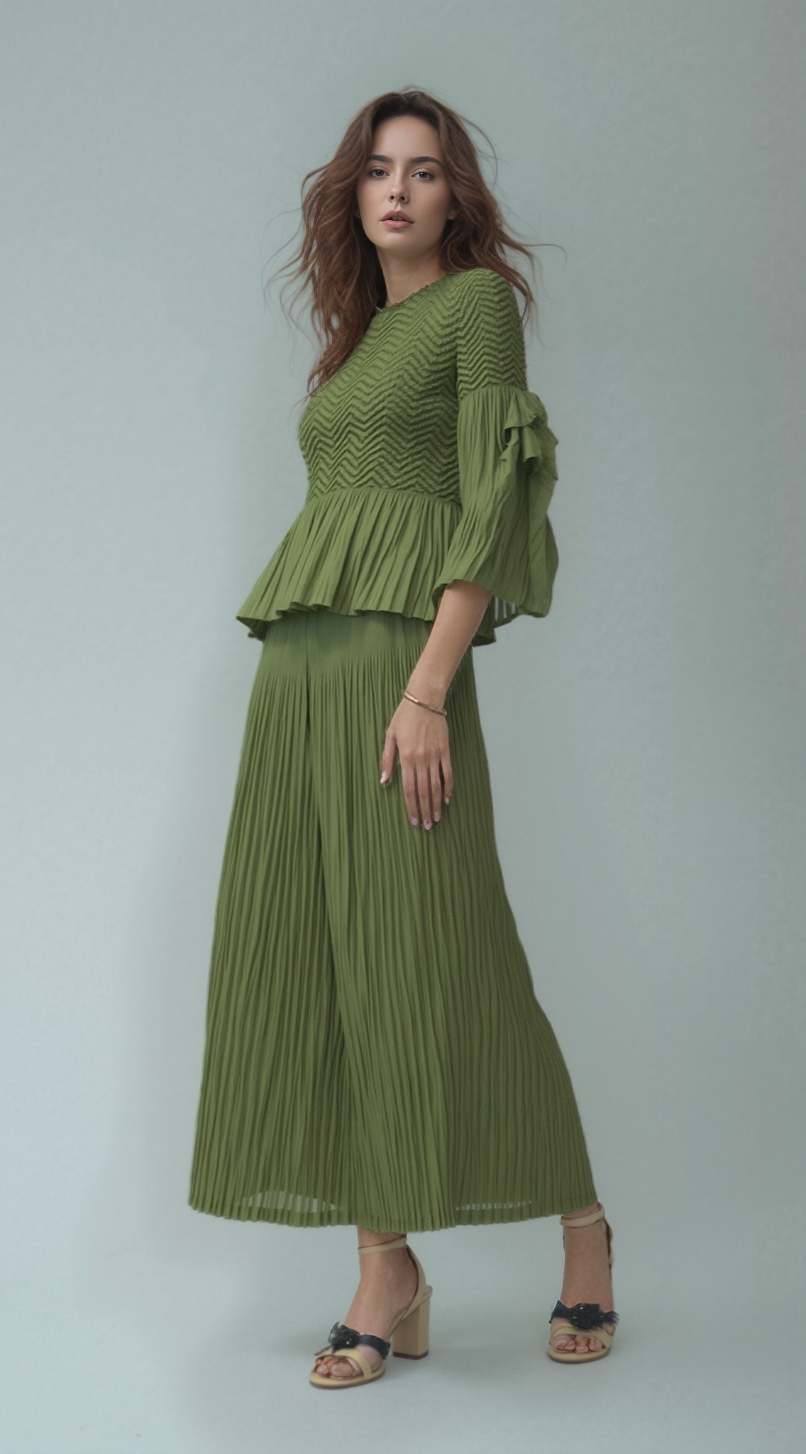 Pleated blouse top with flared sleeves & sweep (Green)