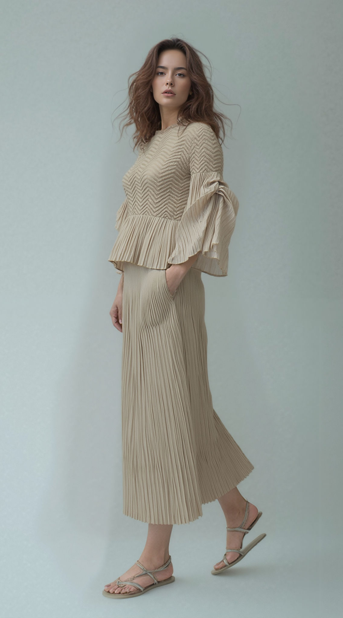 Pleated blouse top with flared sleeves & sweep (Apricot)