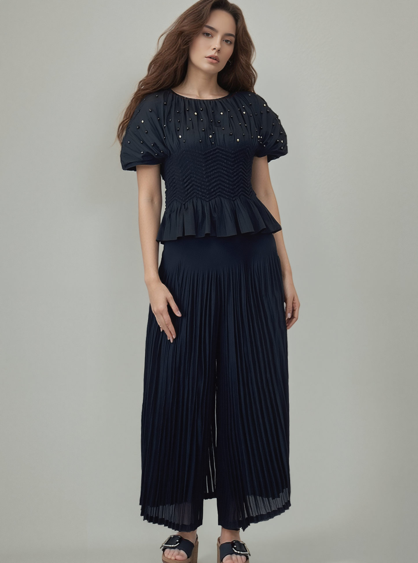 Pleated blouse top with pearls & Diamonds (Black)