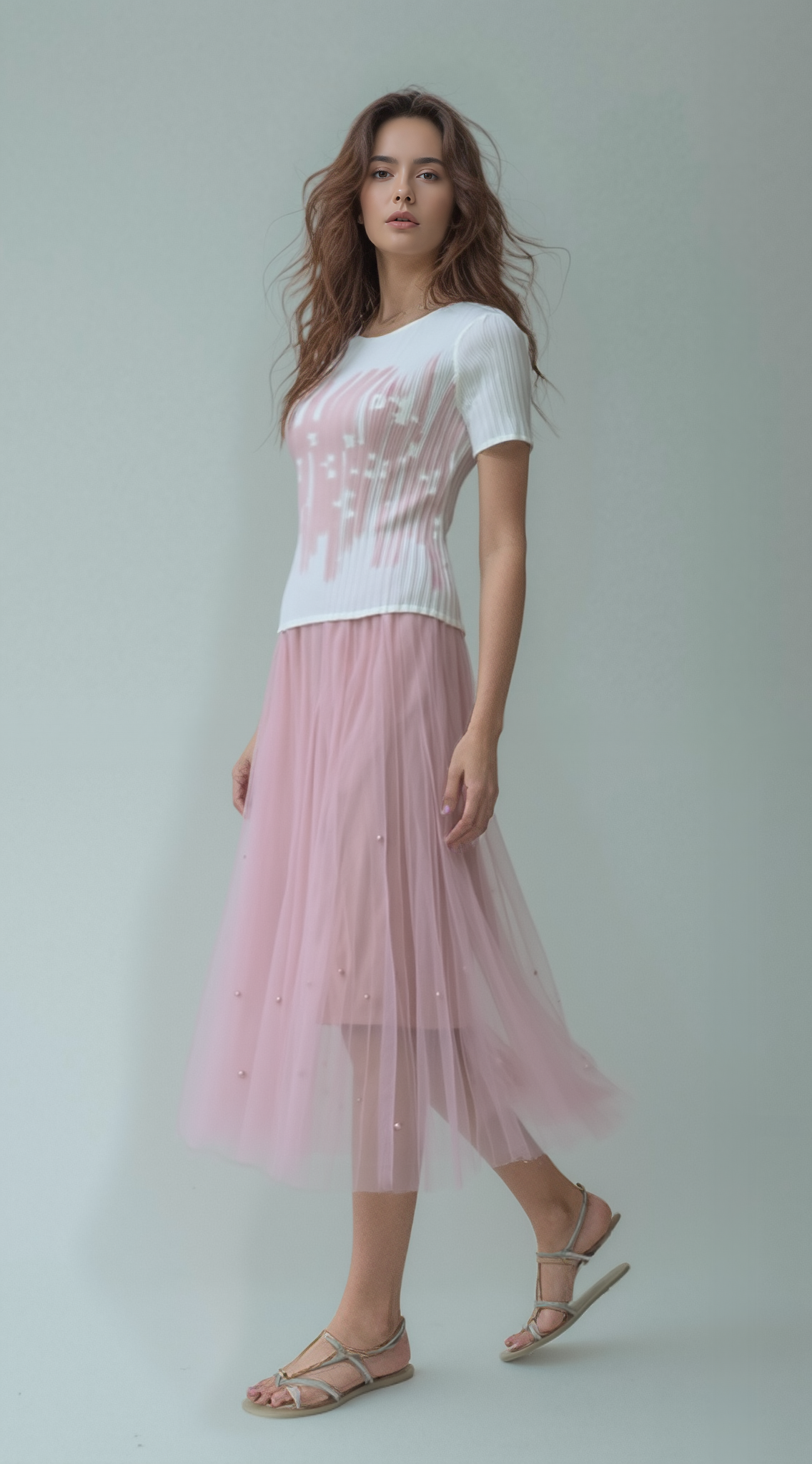 Fairy pleating mesh Skirt with vary size Pearls at hem (Pink)