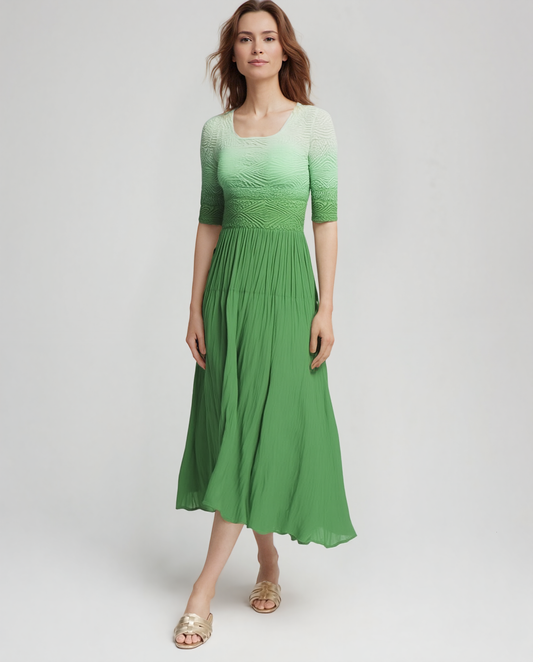 Pleated dress with 3/4 sleeves Ombre effect (Bright Green)
