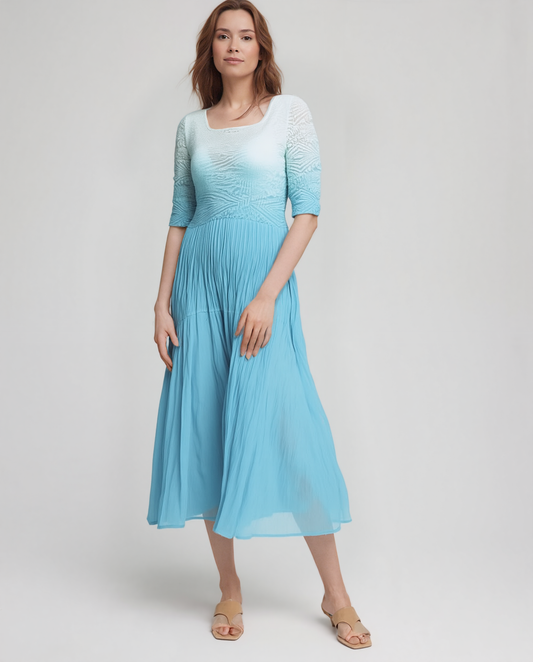 Pleated dress with 3/4 sleeves Ombre effect (sky blue)
