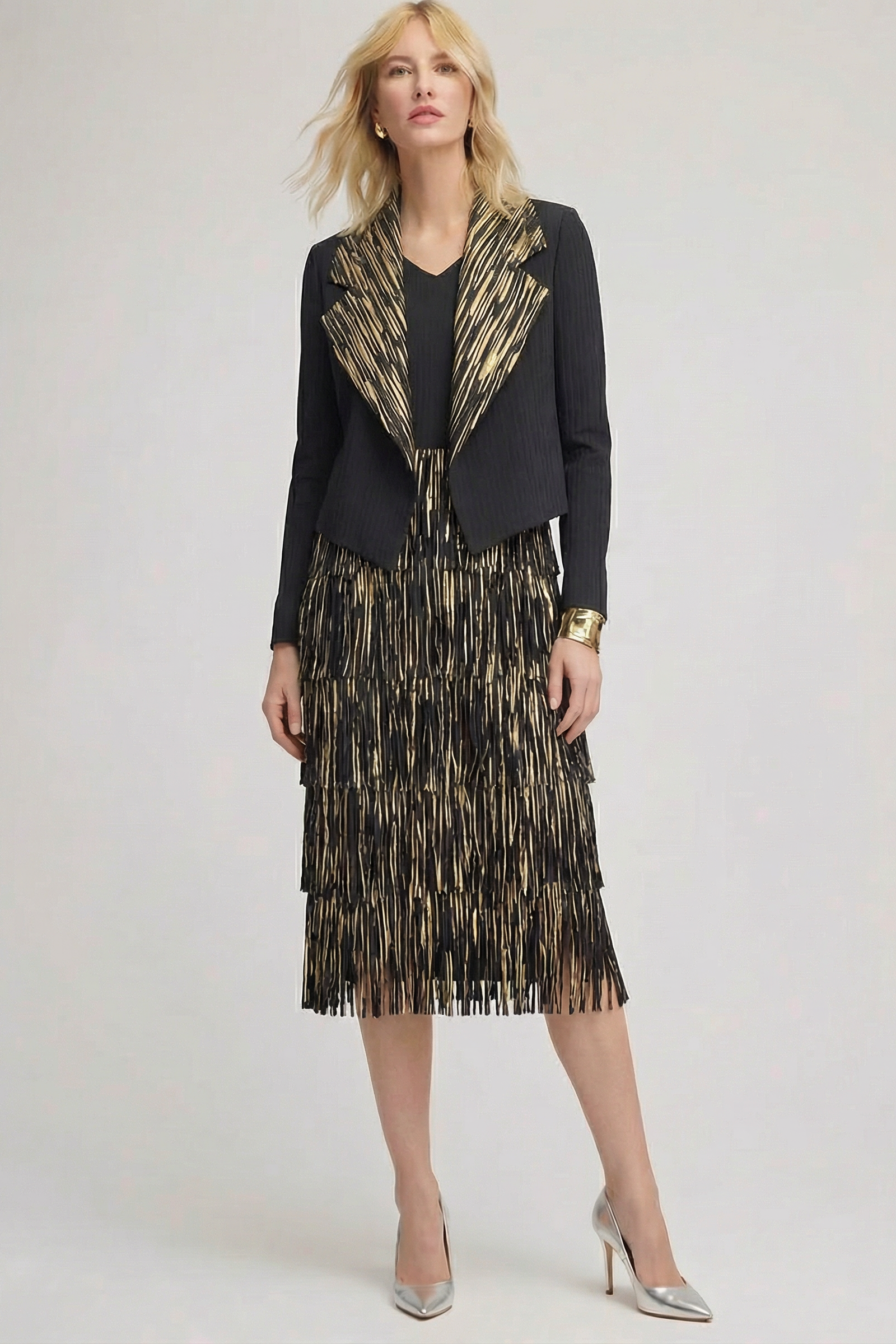 Pleating with Fringe Dress Set (Black/Gold)