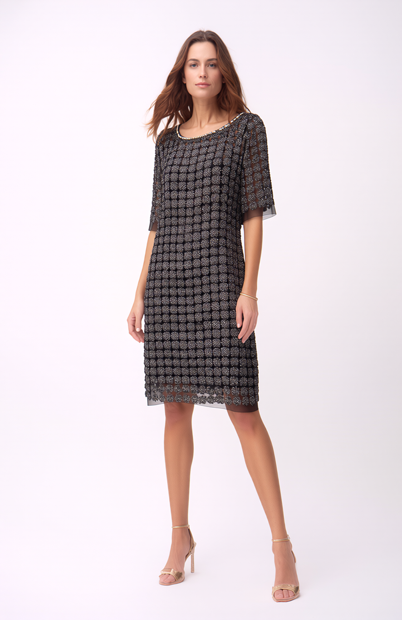 short sleeve lace shift dress Lace Organza short sleeve Shift Dress with matching cami Dress (Black) XL / Black