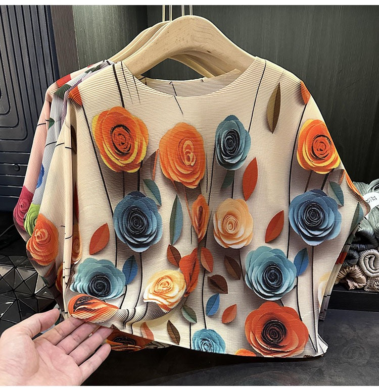 Pleated Rose print Long sleeves Top ( Apricot)