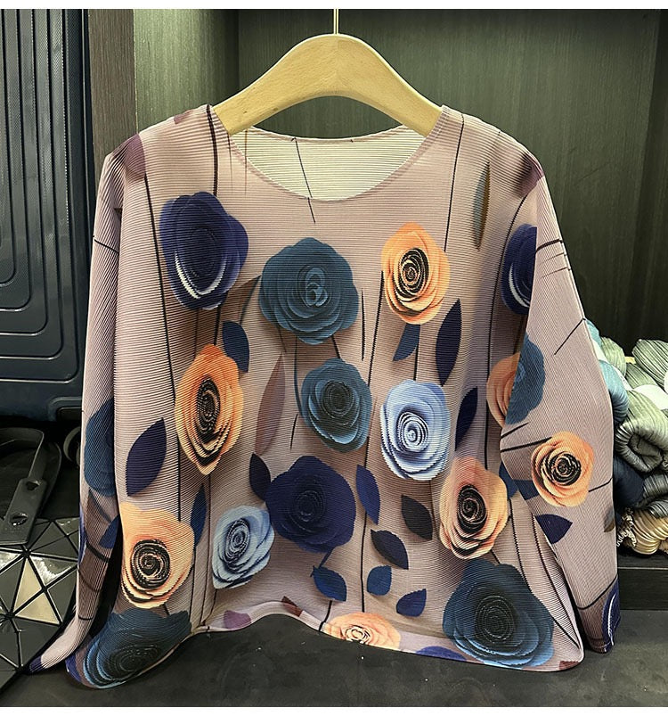 Pleated Rose print Long sleeves Top ( Lilac)
