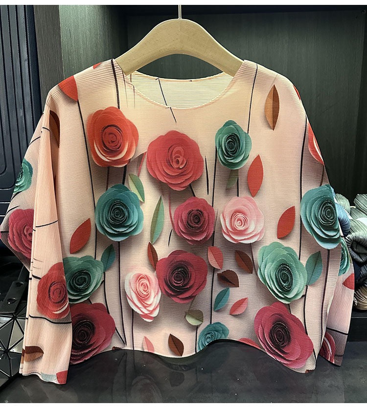 Pleated Rose print Long sleeves Top ( Pink)