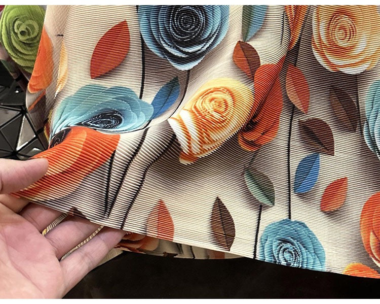 Pleated Rose print Long sleeves Top ( Apricot)