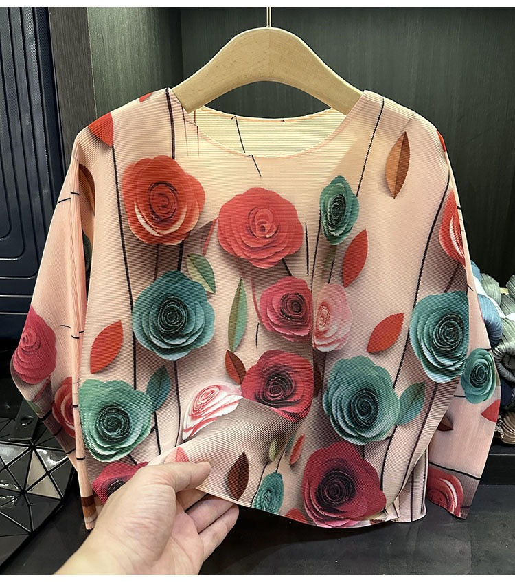 Pleated Rose print Long sleeves Top ( Pink)
