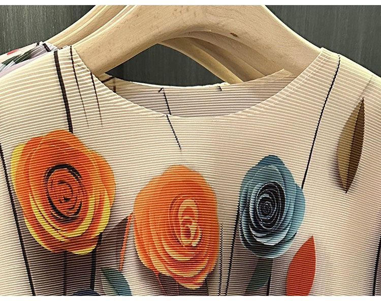 Pleated Rose print Long sleeves Top ( Apricot)