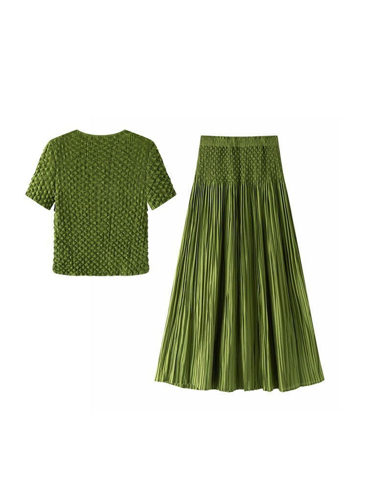 Pleated Chanel look mock pockets skirt (Green)