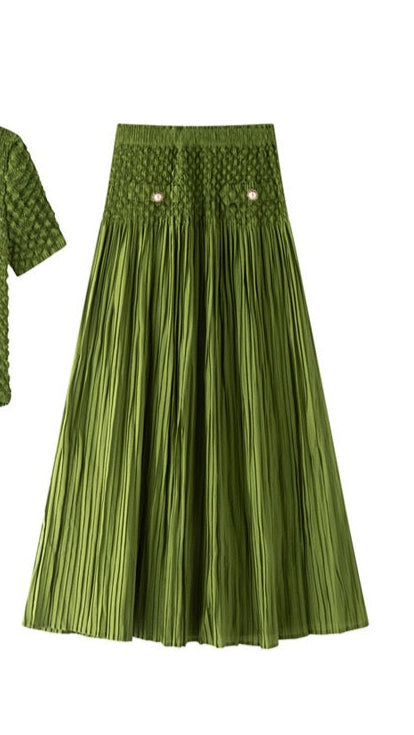 Pleated Chanel look mock pockets skirt (Green)