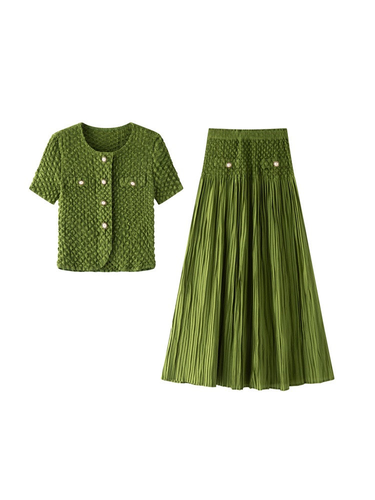 Pleated Chanel look mock pockets skirt (Green)