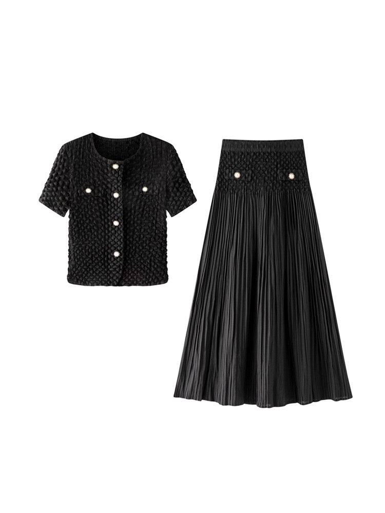Pleated Chanel look mock pockets skirt ( Black )