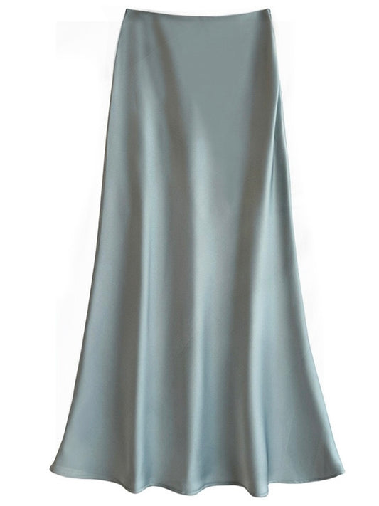 Sateen Maxi Skirt with Elastic Waistband and invisible zipper ( Green )