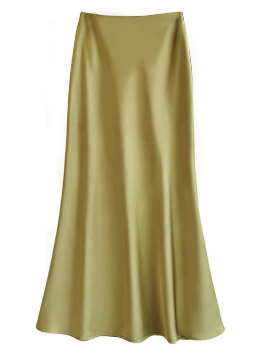 Sateen Maxi Skirt with Elastic Waistband and invisible zipper ( Yellow )