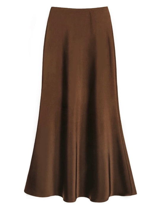 Sateen Maxi Skirt with Elastic Waistband and invisible zipper ( Coffee)