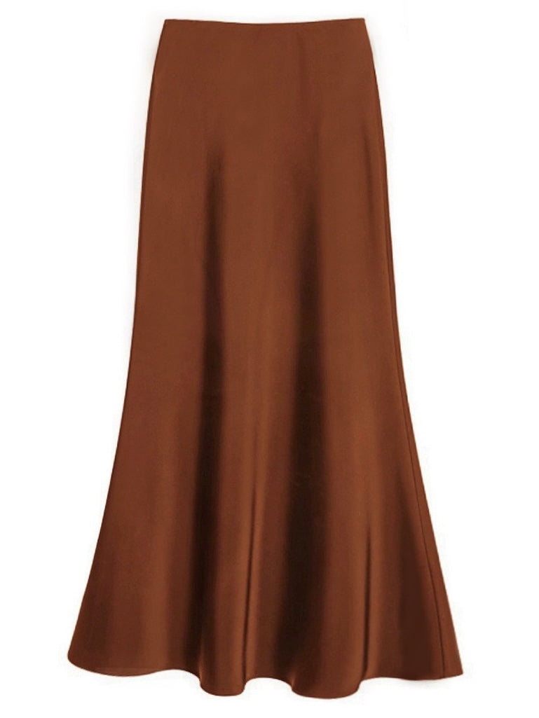 Sateen Maxi Skirt with Elastic Waistband and invisible zipper ( Black )