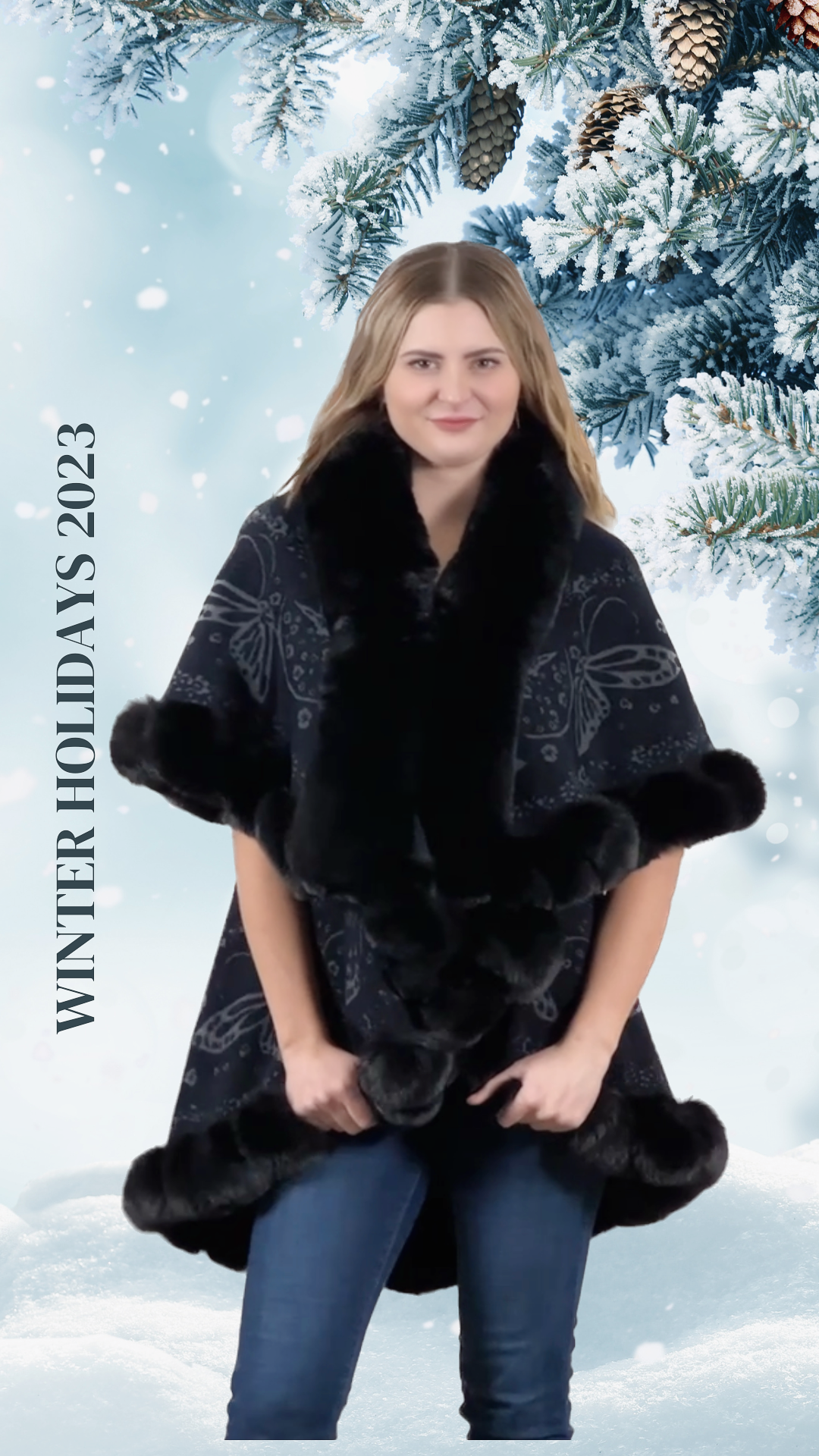 Faux Fur Trim Kimono Knitted Cape with butterfly jacquard pattern - Black
